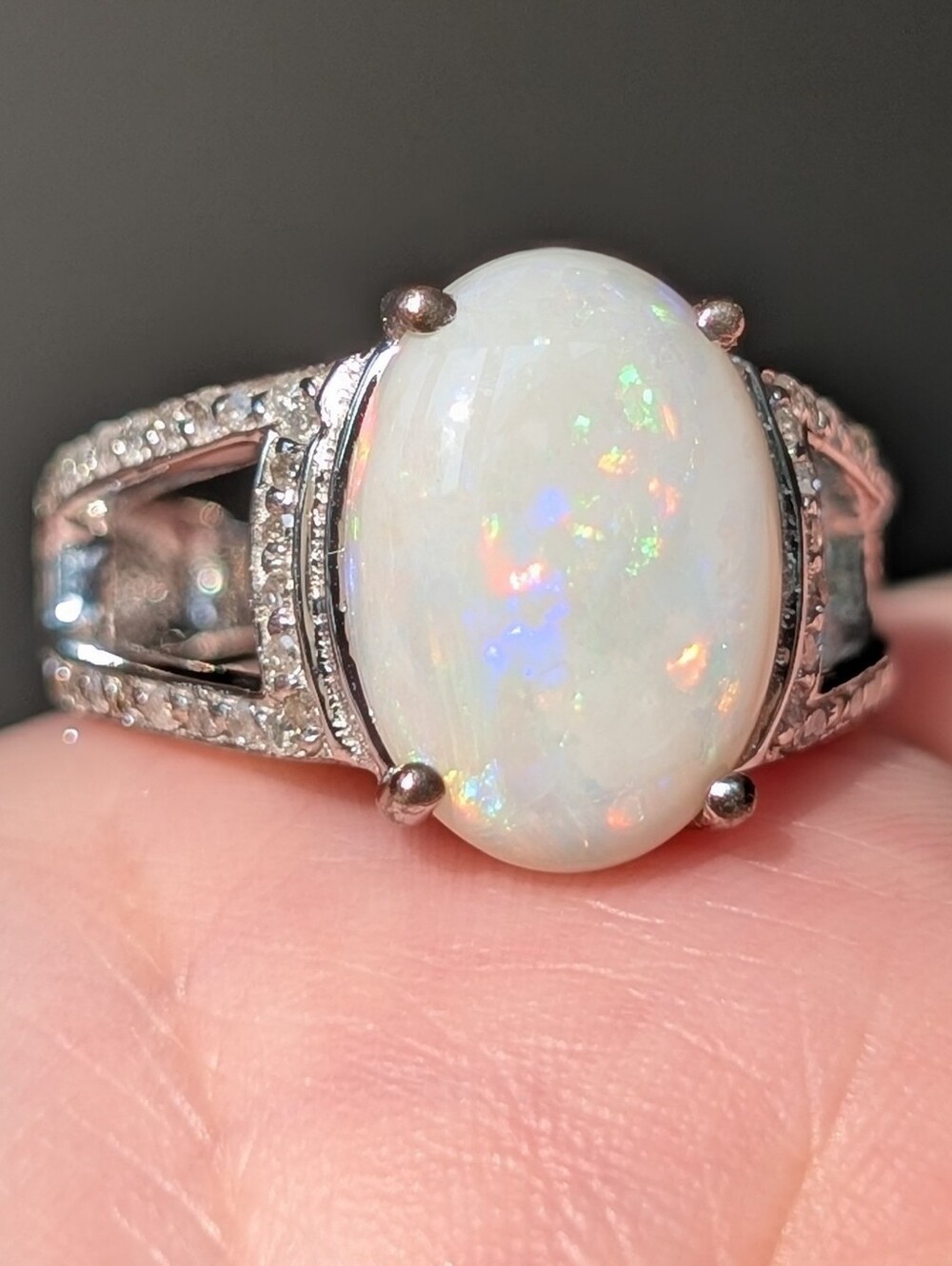 10K White Gold White Opal And Diamond Ring